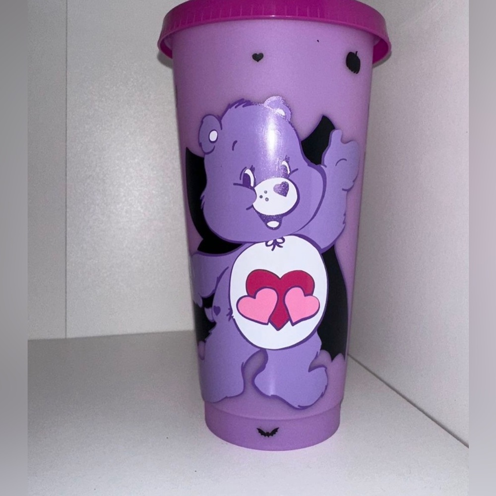 Purple vampire care bear cup